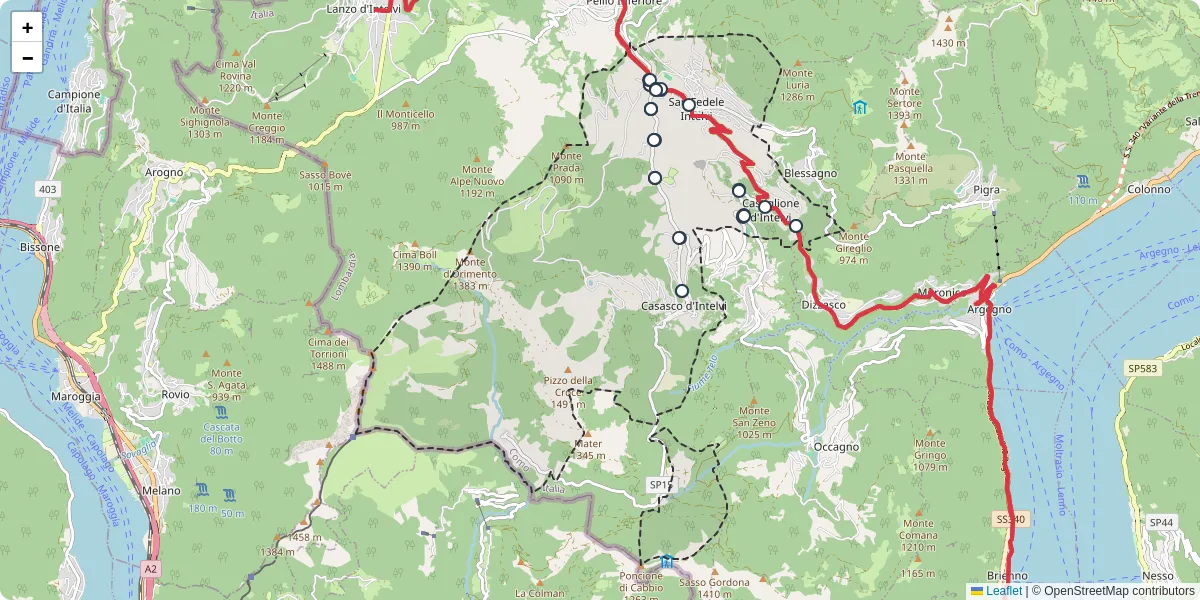 Mappa dettagliata del trasporto pubblico a Centro Valle Intelvi con linee autobus, tram e collegamenti