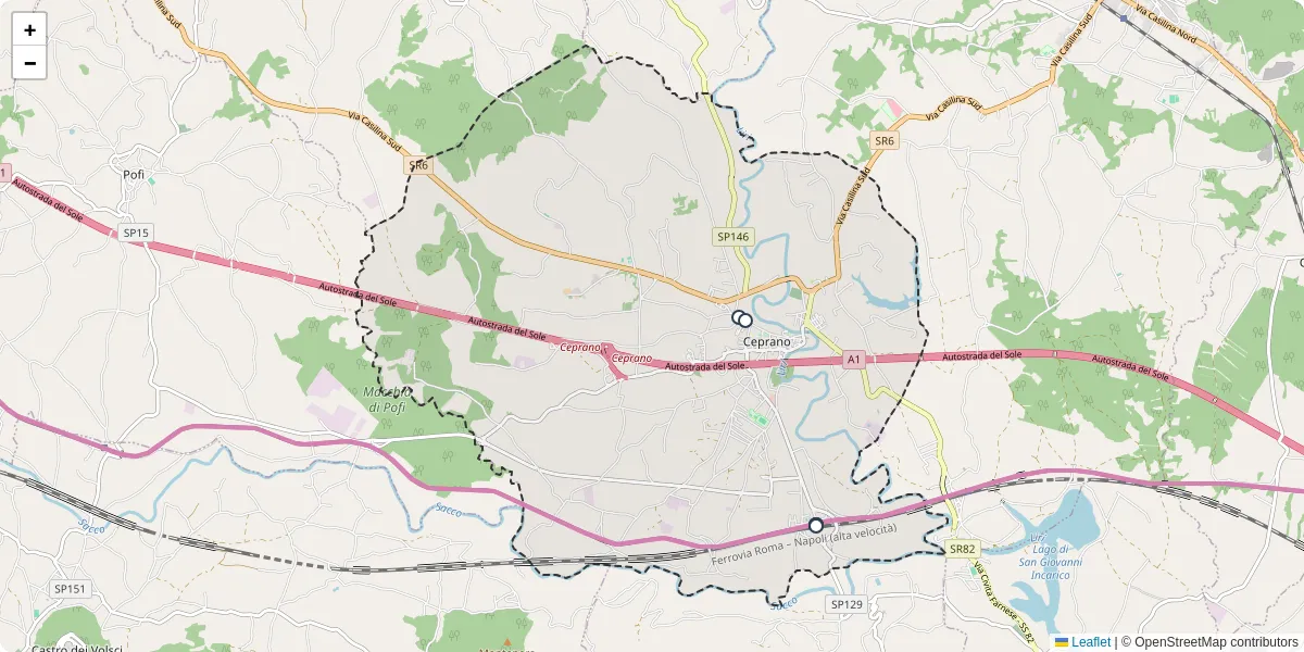 Mappa dettagliata del trasporto pubblico a Ceprano con linee autobus, tram e collegamenti