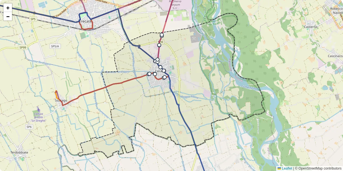 Mappa dettagliata del trasporto pubblico a Cerano con linee autobus, tram e collegamenti
