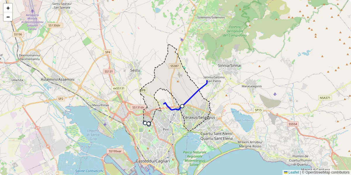 Mappa dettagliata del trasporto pubblico a Ceraxus/Selargius con linee autobus, tram e collegamenti