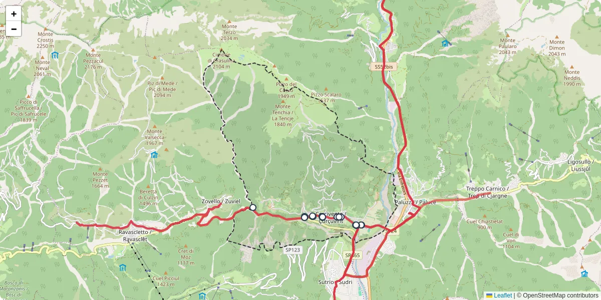 Mappa dettagliata del trasporto pubblico a Cercivento / Çurçuvint con linee autobus, tram e collegamenti