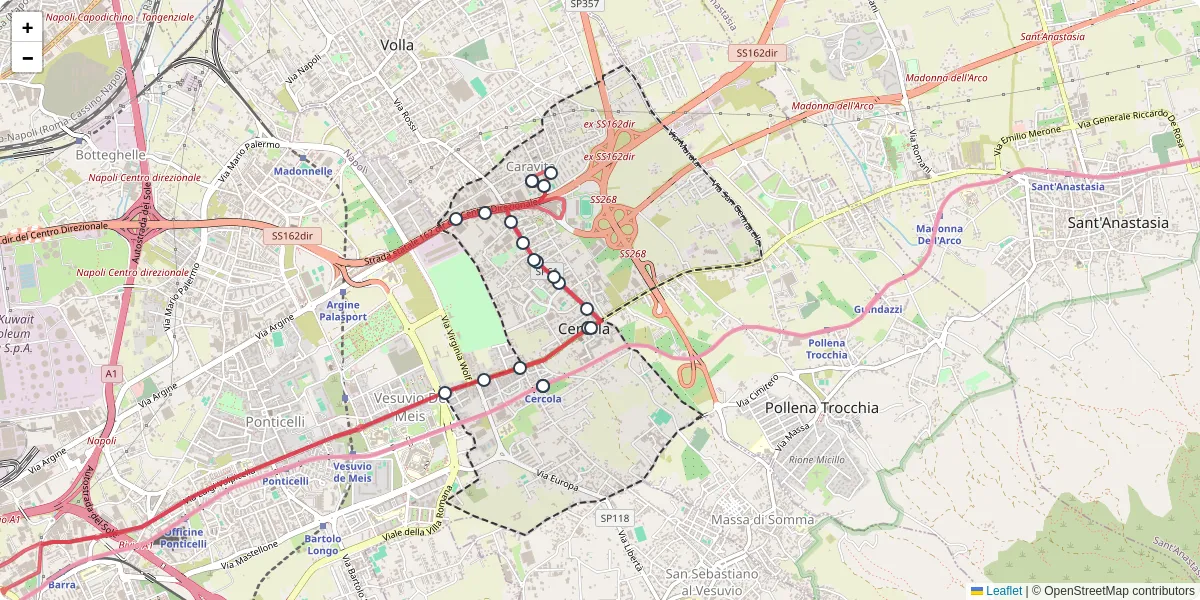Mappa dettagliata del trasporto pubblico a Cercola con linee autobus, tram e collegamenti