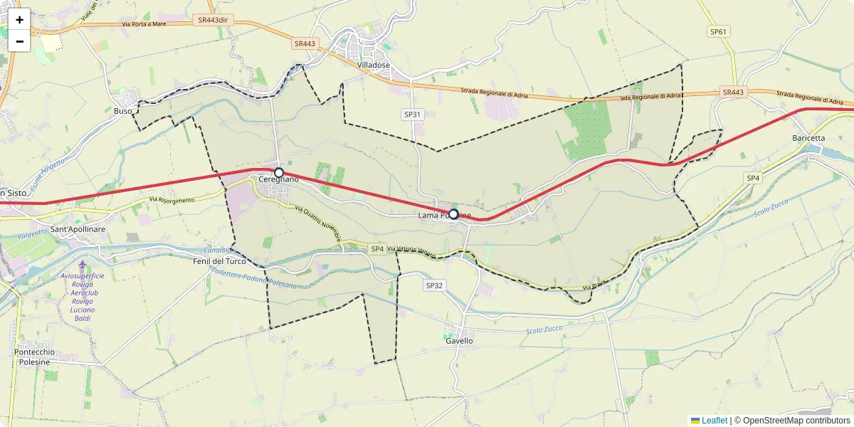Mappa dettagliata del trasporto pubblico a Ceregnano con linee autobus, tram e collegamenti
