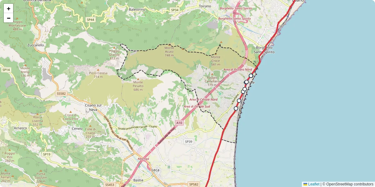 Mappa dettagliata del trasporto pubblico a Ceriale con linee autobus, tram e collegamenti