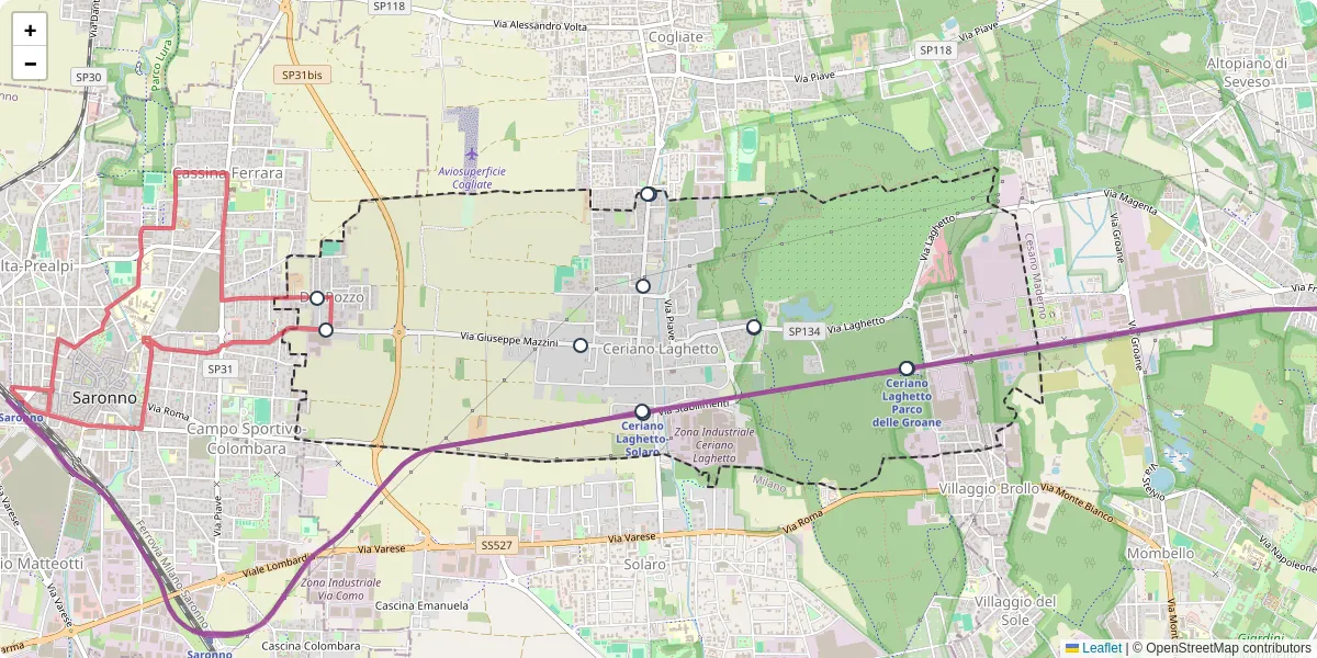 Mappa dettagliata del trasporto pubblico a Ceriano Laghetto con linee autobus, tram e collegamenti