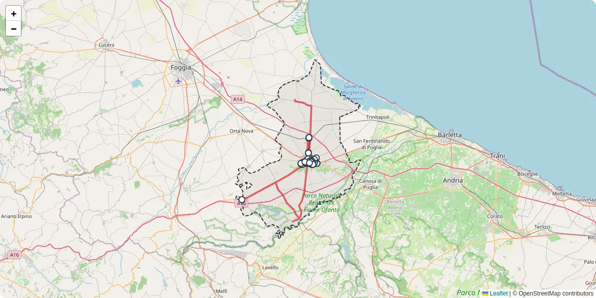 Mappa dettagliata del trasporto pubblico a Cerignola con linee autobus, tram e collegamenti