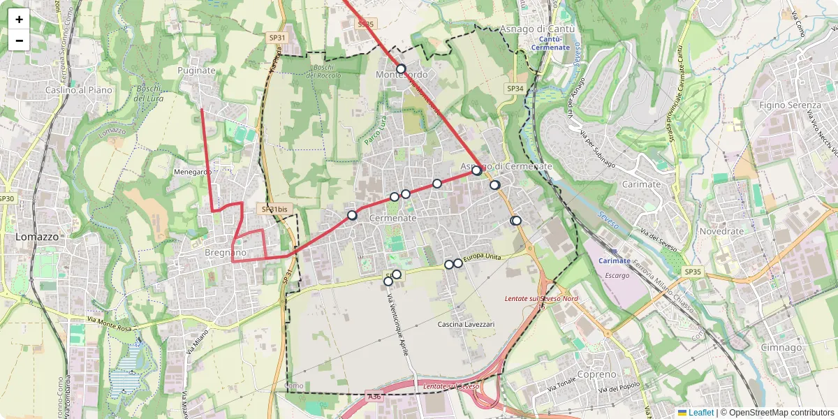 Mappa dettagliata del trasporto pubblico a Cermenate con linee autobus, tram e collegamenti