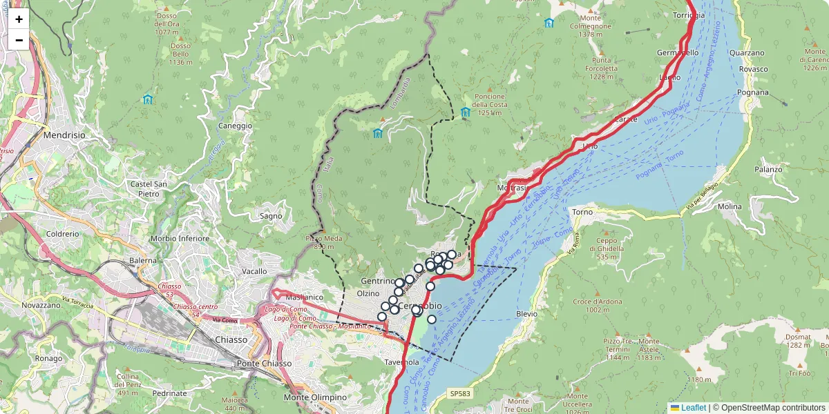 Mappa dettagliata del trasporto pubblico a Cernobbio con linee autobus, tram e collegamenti