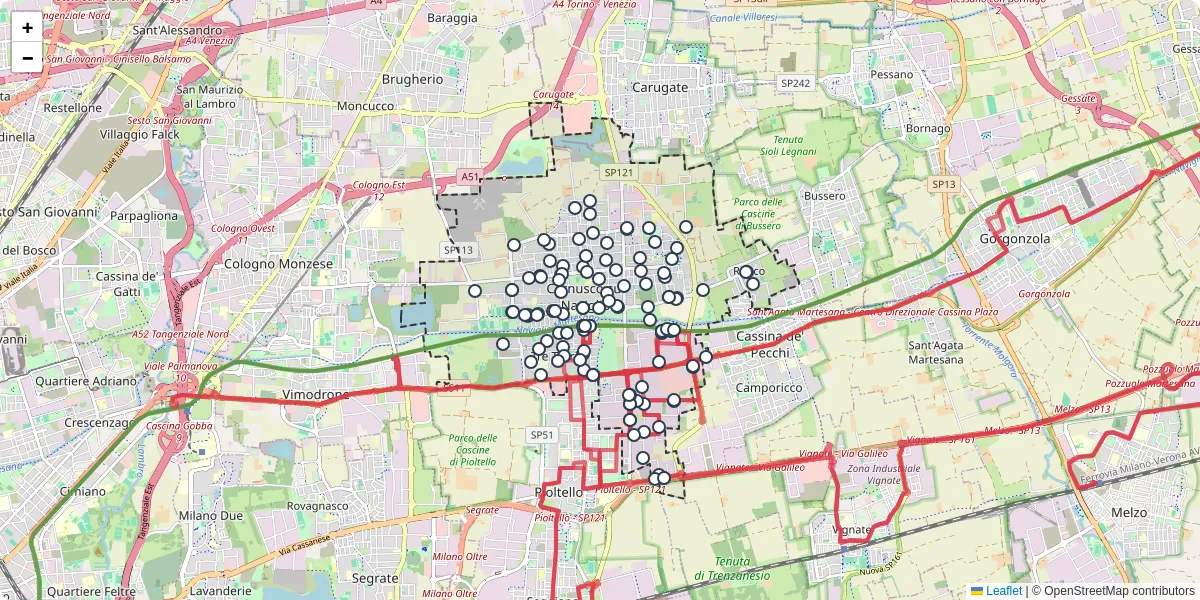 Mappa dettagliata del trasporto pubblico a Cernusco sul Naviglio con linee autobus, tram e collegamenti