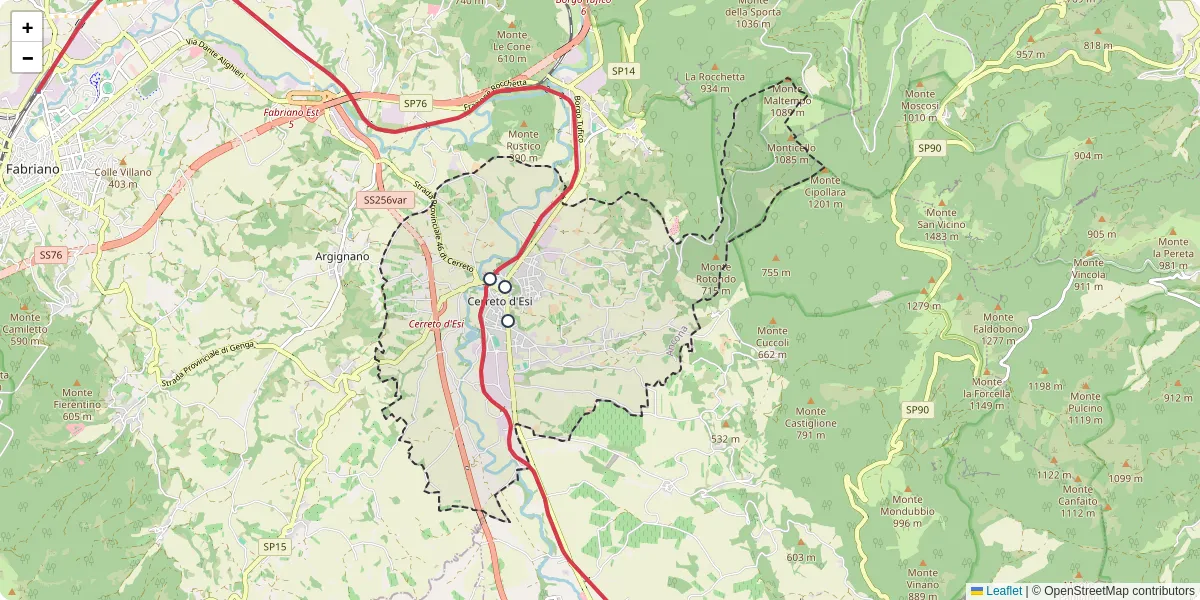 Mappa dettagliata del trasporto pubblico a Cerreto d'Esi con linee autobus, tram e collegamenti