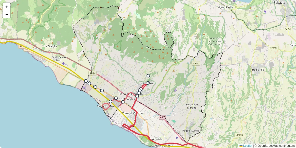 Mappa dettagliata del trasporto pubblico a Cerveteri con linee autobus, tram e collegamenti