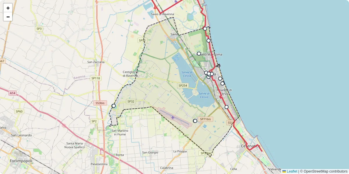 Mappa dettagliata del trasporto pubblico a Cervia con linee autobus, tram e collegamenti