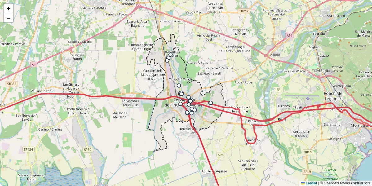 Mappa dettagliata del trasporto pubblico a Cervignano del Friuli / Çarvignan con linee autobus, tram e collegamenti