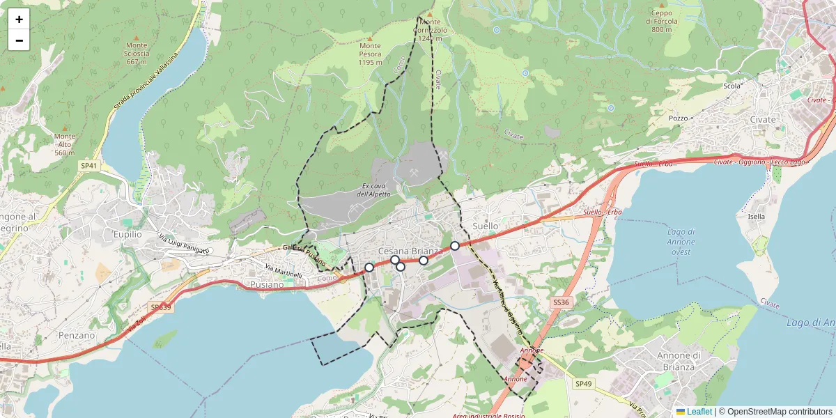 Mappa dettagliata del trasporto pubblico a Cesana Brianza con linee autobus, tram e collegamenti