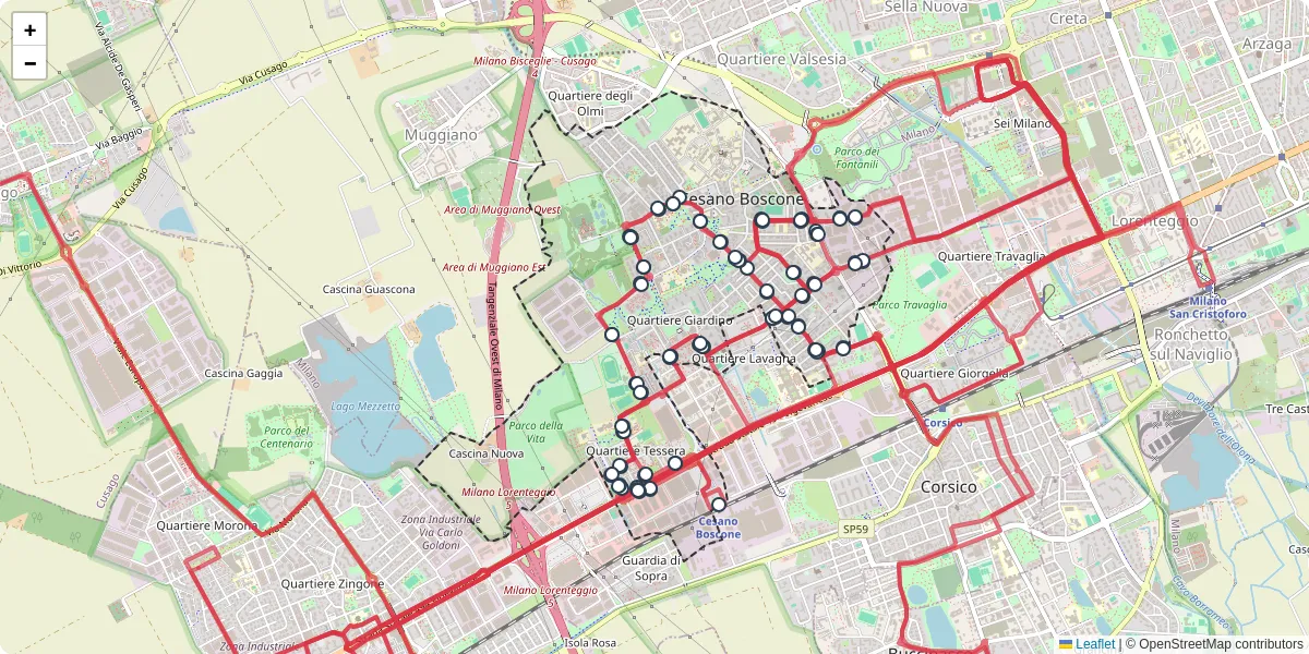 Mappa dettagliata del trasporto pubblico a Cesano Boscone con linee autobus, tram e collegamenti