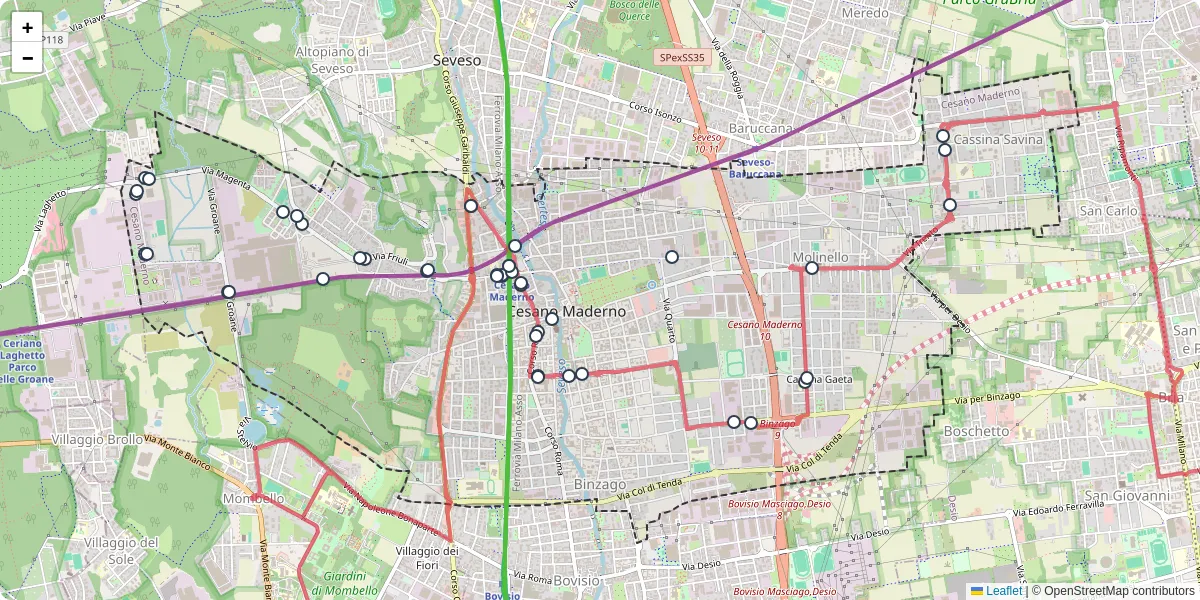 Mappa dettagliata del trasporto pubblico a Cesano Maderno con linee autobus, tram e collegamenti