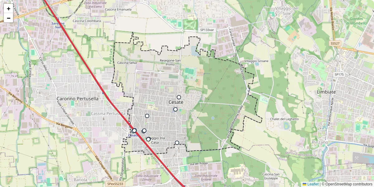 Mappa dettagliata del trasporto pubblico a Cesate con linee autobus, tram e collegamenti