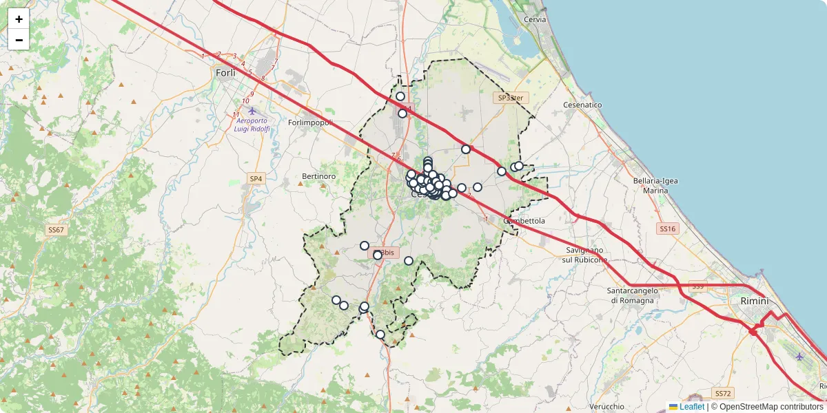 Mappa dettagliata del trasporto pubblico a Cesena con linee autobus, tram e collegamenti