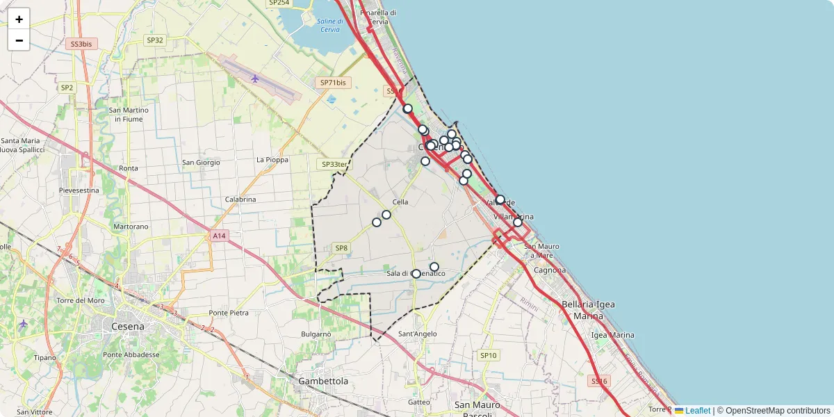 Mappa dettagliata del trasporto pubblico a Cesenatico con linee autobus, tram e collegamenti