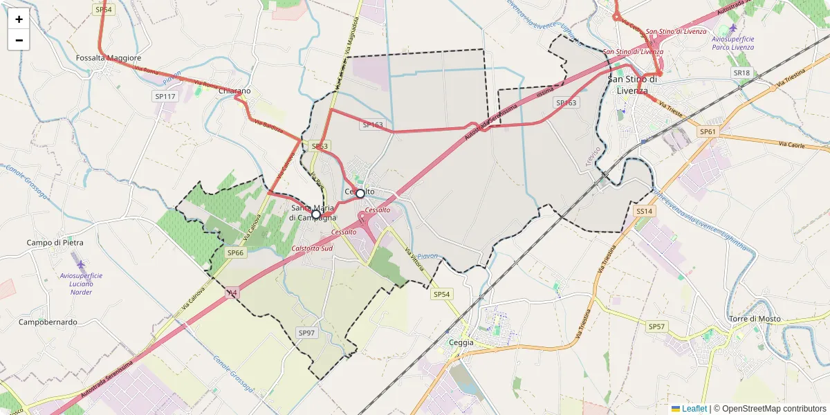 Mappa dettagliata del trasporto pubblico a Cessalto con linee autobus, tram e collegamenti