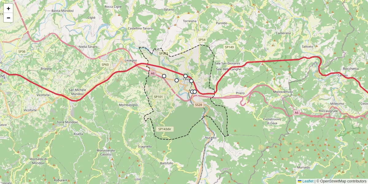 Mappa dettagliata del trasporto pubblico a Ceva con linee autobus, tram e collegamenti