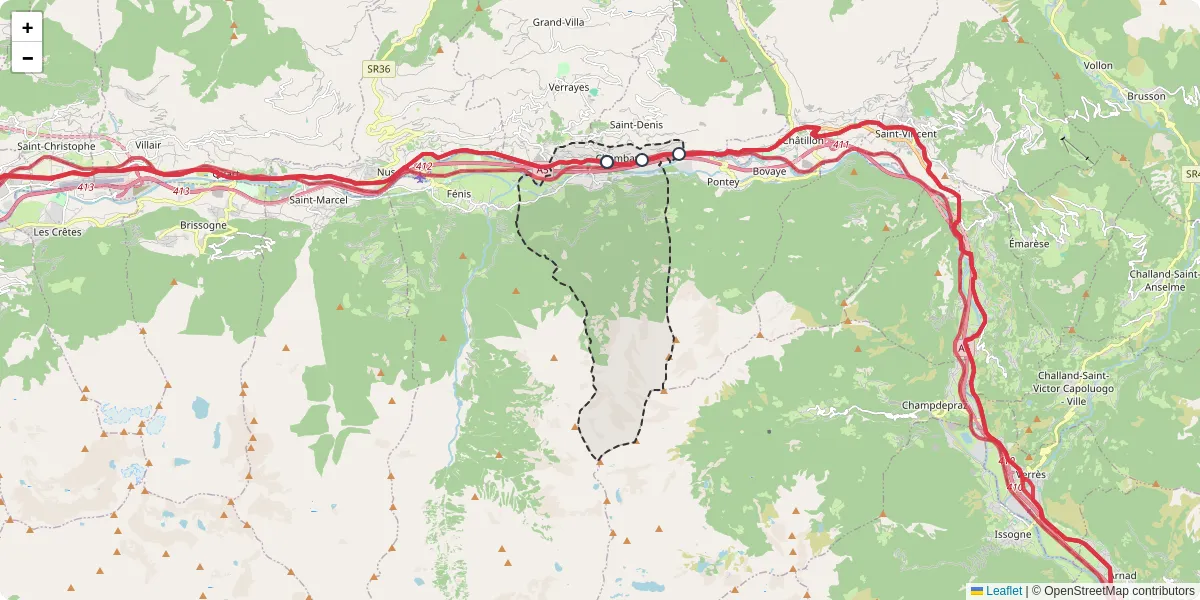 Mappa dettagliata del trasporto pubblico a Chambave con linee autobus, tram e collegamenti
