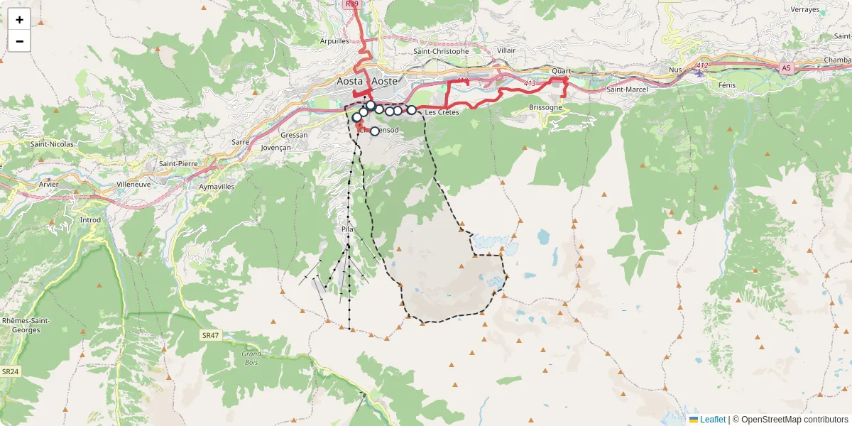 Mappa dettagliata del trasporto pubblico a Charvensod con linee autobus, tram e collegamenti