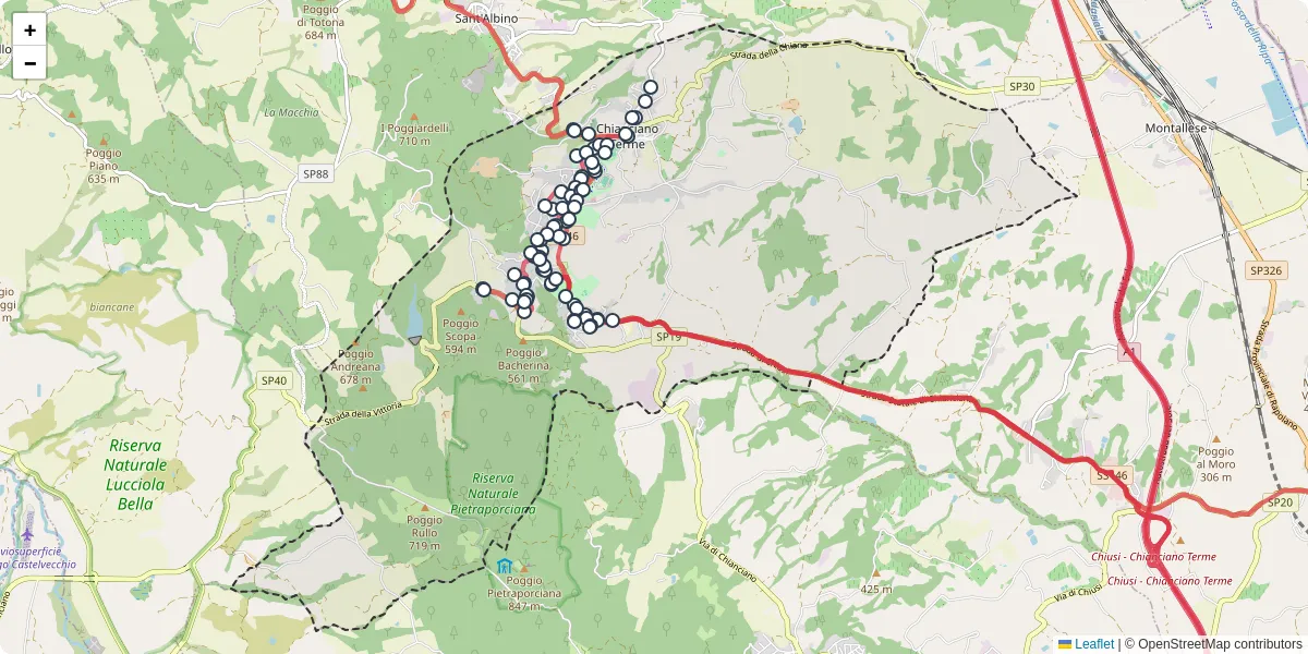 Mappa dettagliata del trasporto pubblico a Chianciano Terme con linee autobus, tram e collegamenti