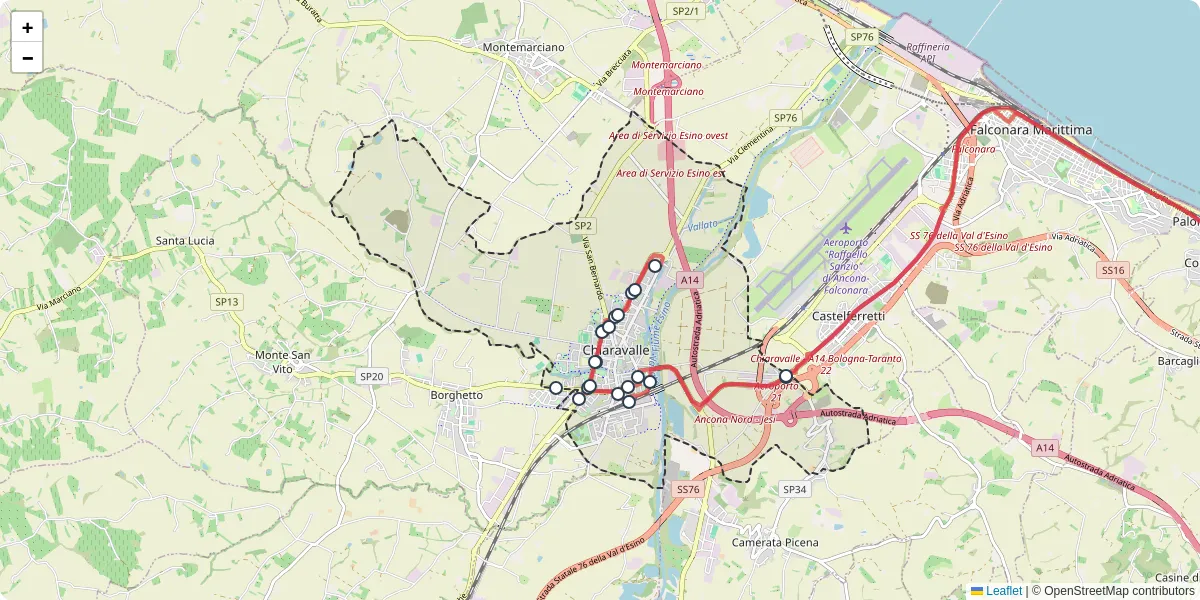 Mappa dettagliata del trasporto pubblico a Chiaravalle con linee autobus, tram e collegamenti