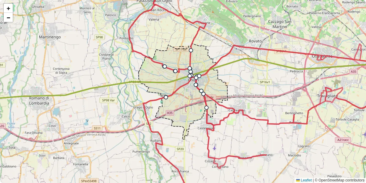 Mappa dettagliata del trasporto pubblico a Chiari con linee autobus, tram e collegamenti