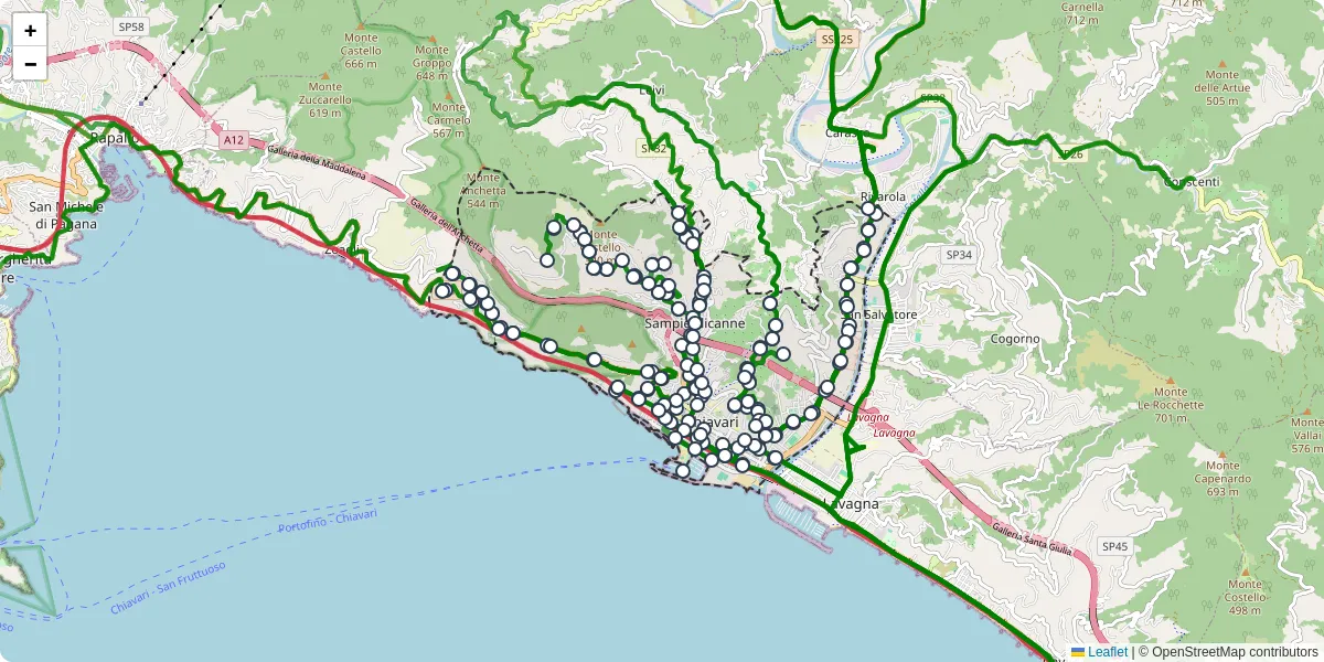 Mappa dettagliata del trasporto pubblico a Chiavari con linee autobus, tram e collegamenti