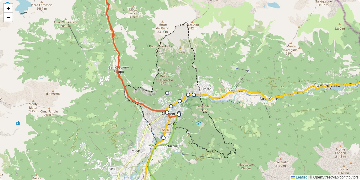 Mappa dettagliata del trasporto pubblico a Chiavenna con linee autobus, tram e collegamenti