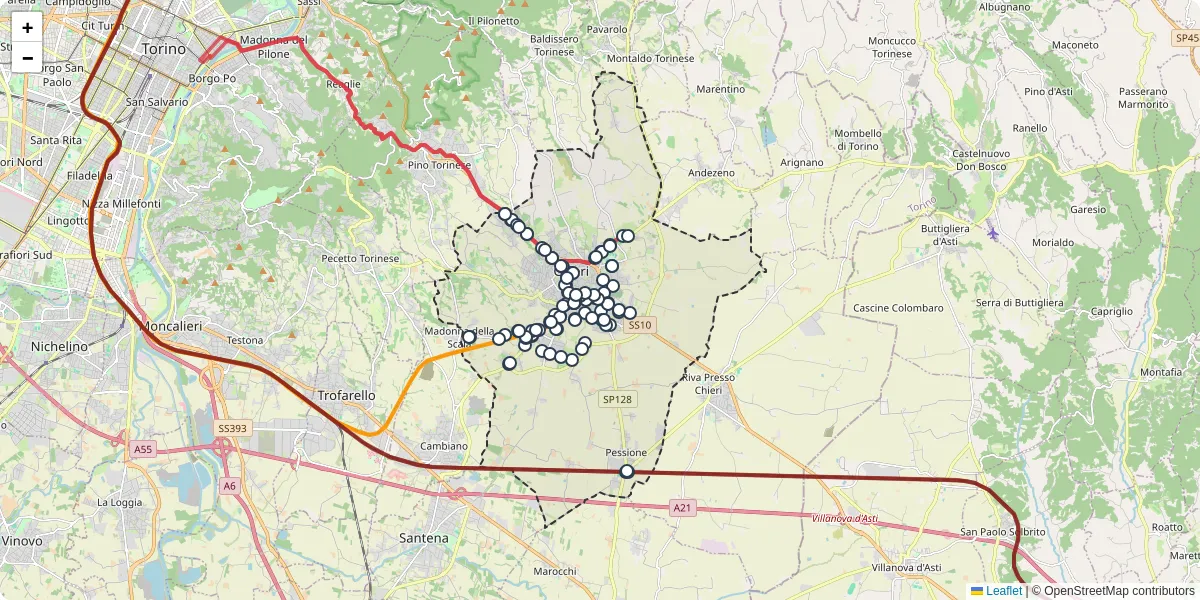 Mappa dettagliata del trasporto pubblico a Chieri con linee autobus, tram e collegamenti