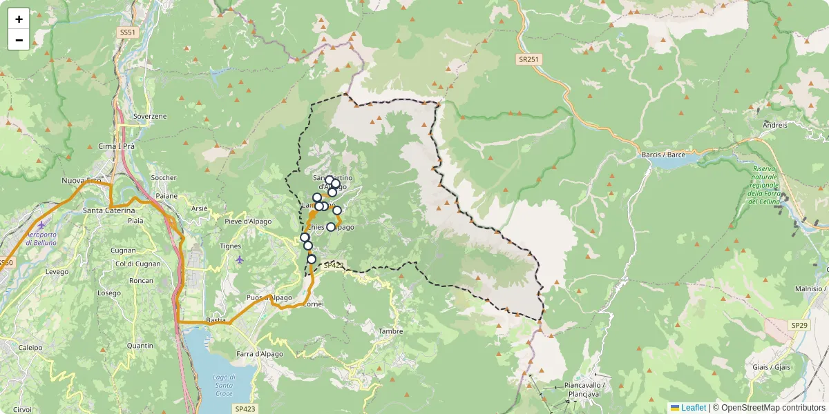 Mappa dettagliata del trasporto pubblico a Chies d'Alpago con linee autobus, tram e collegamenti