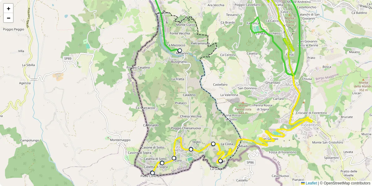 Mappa dettagliata del trasporto pubblico a Chiesanuova con linee autobus, tram e collegamenti