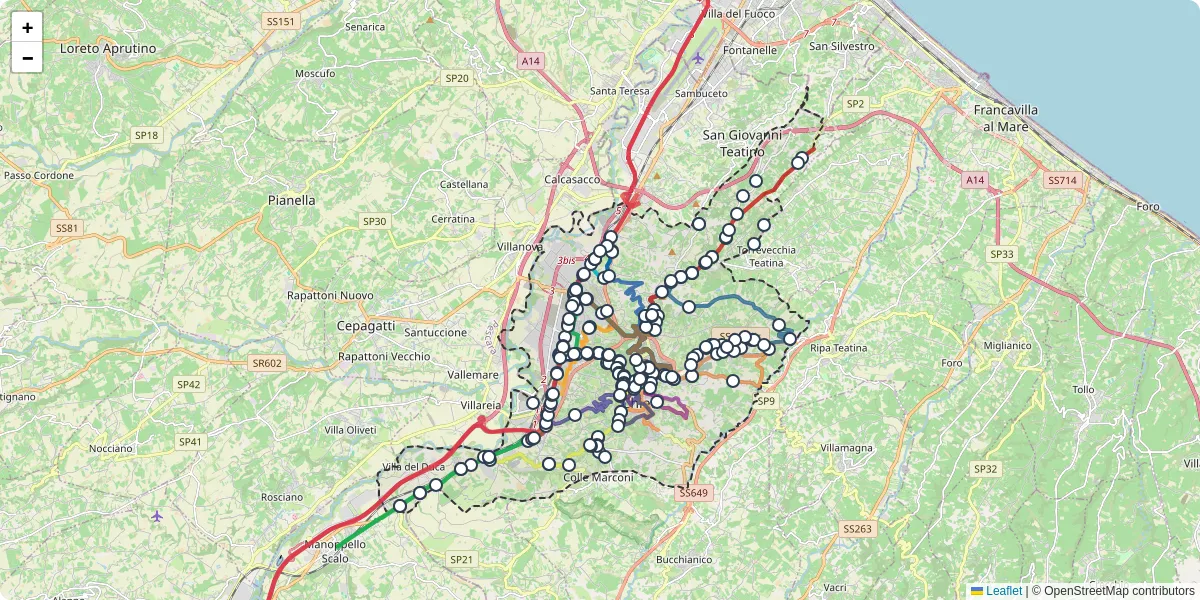 Mappa dettagliata del trasporto pubblico a Chieti con linee autobus, tram e collegamenti