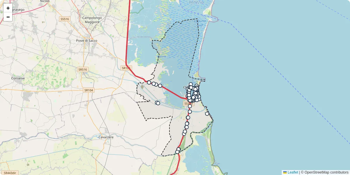 Mappa dettagliata del trasporto pubblico a Chioggia con linee autobus, tram e collegamenti