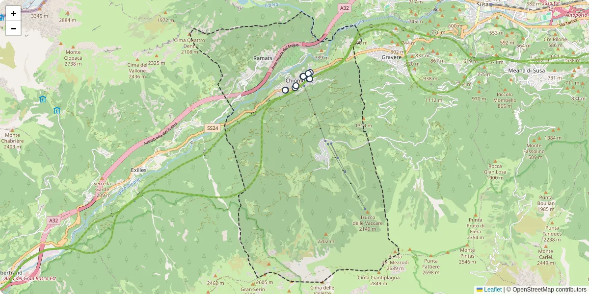 Mappa dettagliata del trasporto pubblico a Chiomonte con linee autobus, tram e collegamenti