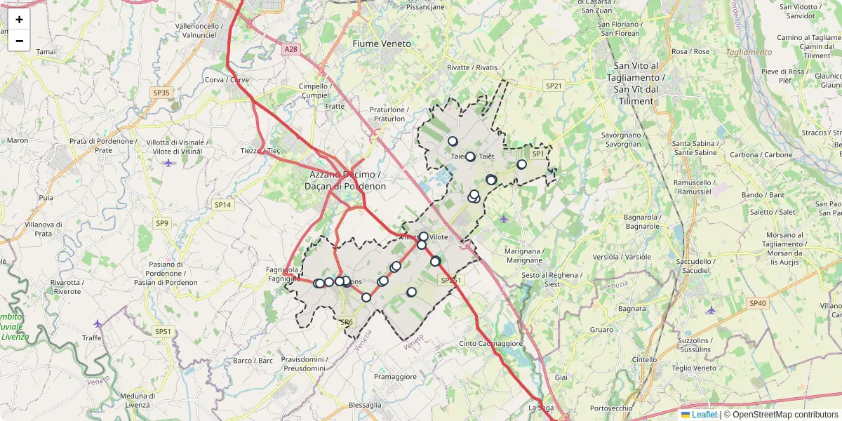 Mappa dettagliata del trasporto pubblico a Chions con linee autobus, tram e collegamenti