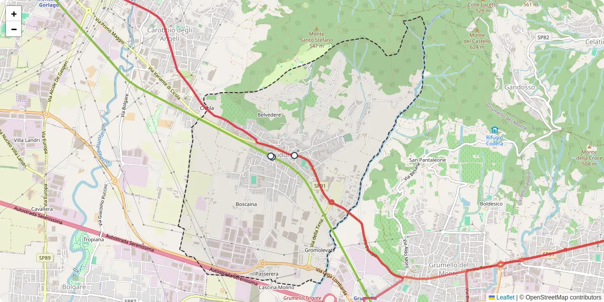 Mappa dettagliata del trasporto pubblico a Chiuduno con linee autobus, tram e collegamenti
