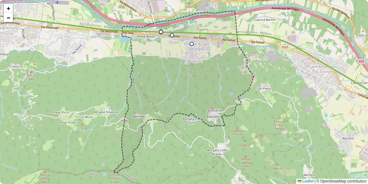 Mappa dettagliata del trasporto pubblico a Chiusa di San Michele con linee autobus, tram e collegamenti