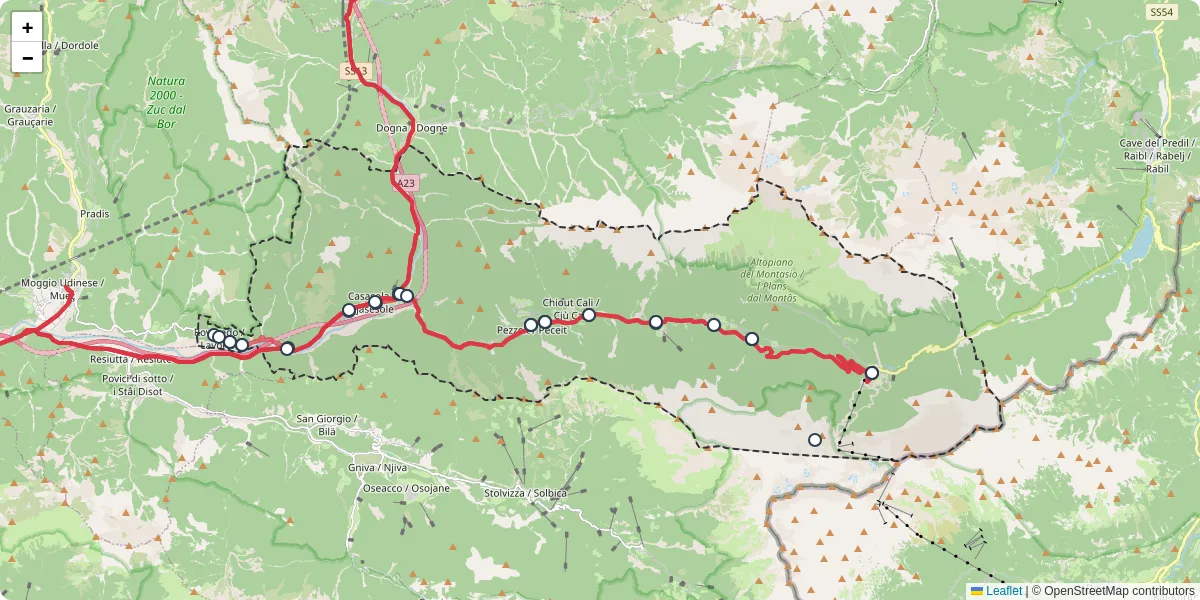 Mappa dettagliata del trasporto pubblico a Chiusaforte / Scluse con linee autobus, tram e collegamenti