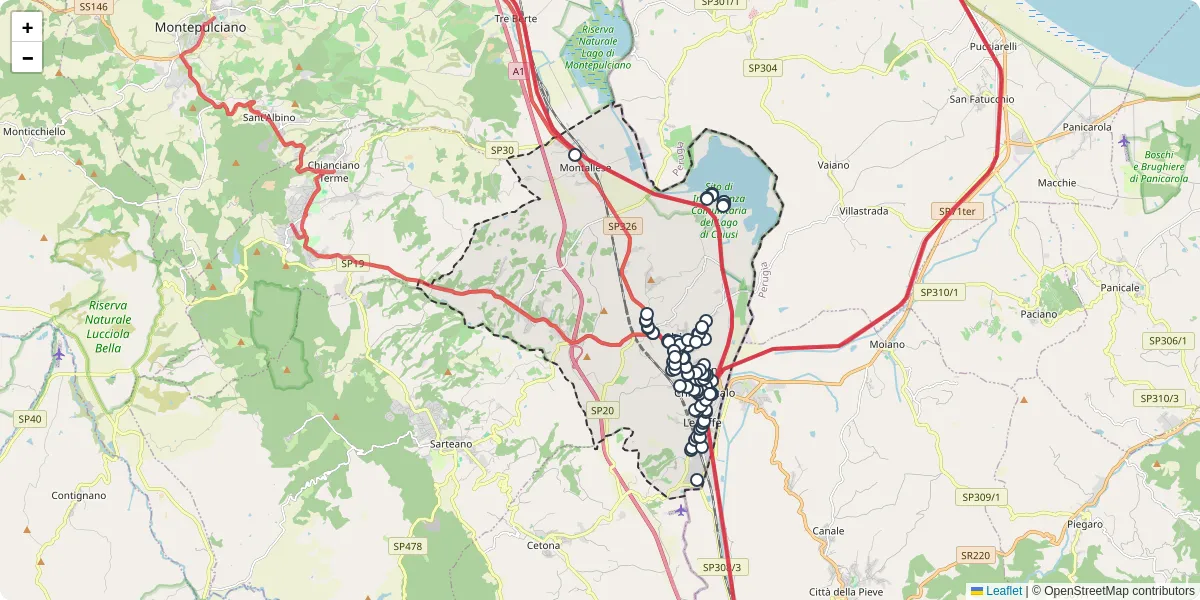 Mappa dettagliata del trasporto pubblico a Chiusi con linee autobus, tram e collegamenti