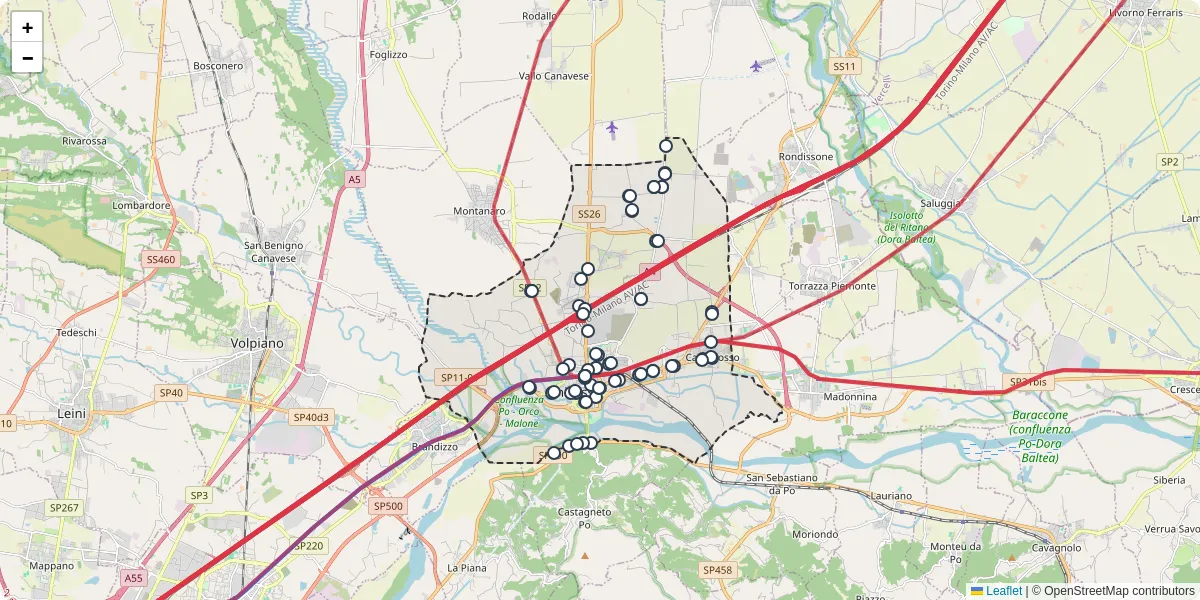 Mappa dettagliata del trasporto pubblico a Chivasso con linee autobus, tram e collegamenti