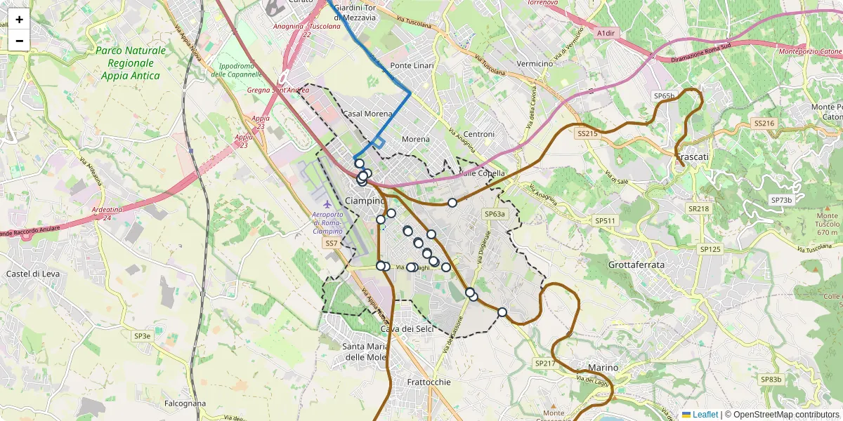 Mappa dettagliata del trasporto pubblico a Ciampino con linee autobus, tram e collegamenti