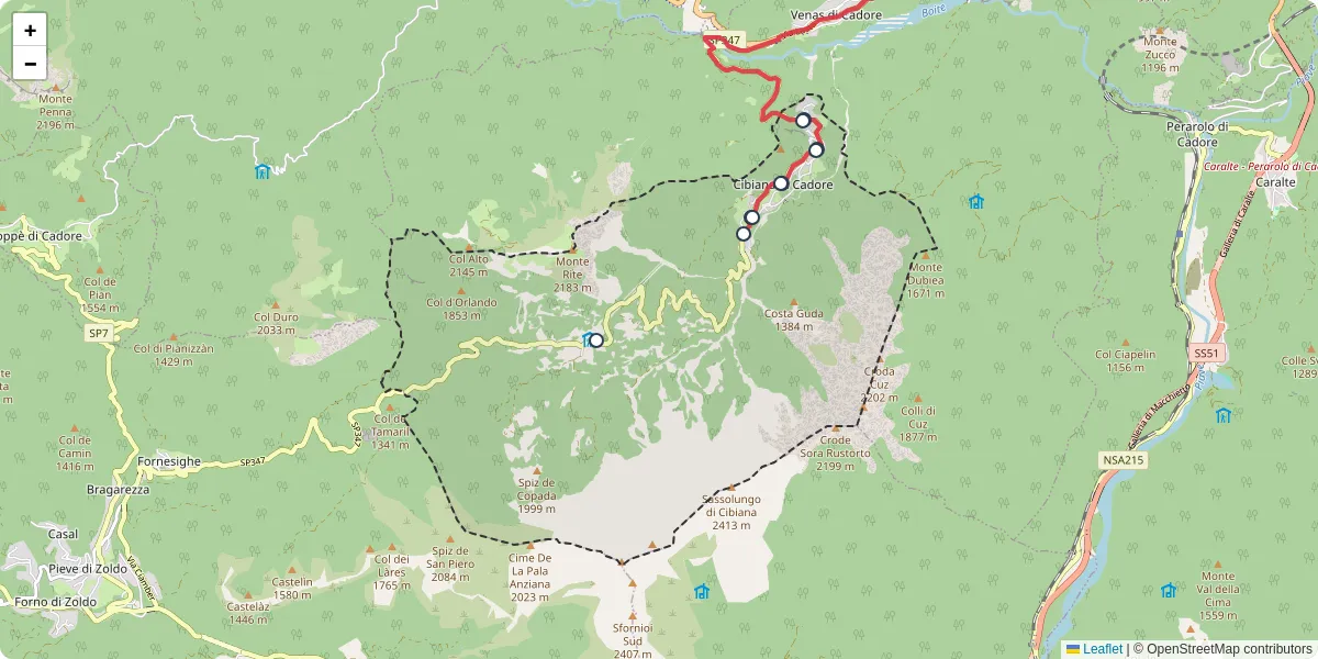 Mappa dettagliata del trasporto pubblico a Cibiana di Cadore con linee autobus, tram e collegamenti
