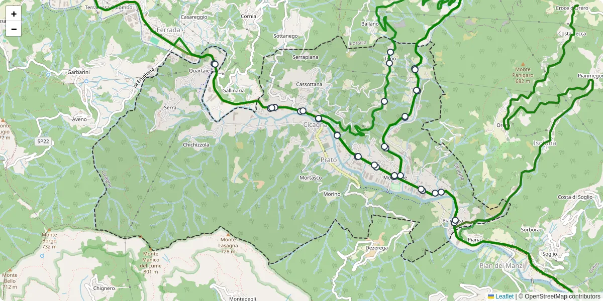 Mappa dettagliata del trasporto pubblico a Cicagna con linee autobus, tram e collegamenti