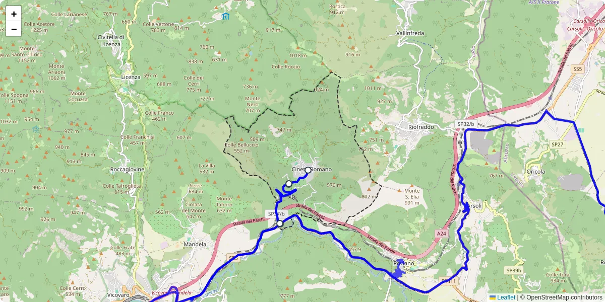 Mappa dettagliata del trasporto pubblico a Cineto Romano con linee autobus, tram e collegamenti