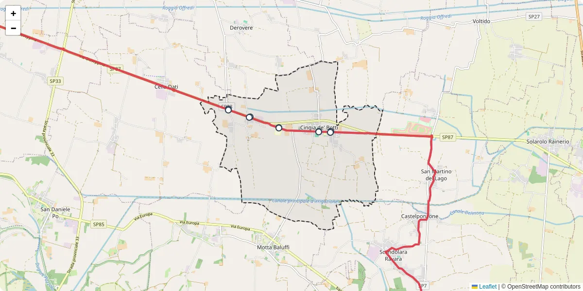 Mappa dettagliata del trasporto pubblico a Cingia de' Botti con linee autobus, tram e collegamenti
