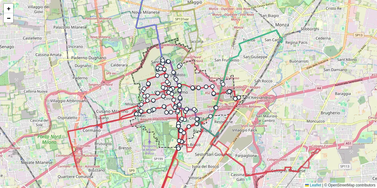 Mappa dettagliata del trasporto pubblico a Cinisello Balsamo con linee autobus, tram e collegamenti